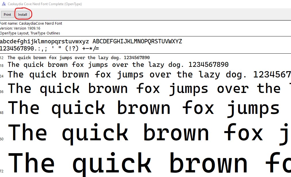 An image of installing Caskaydia Cove Nerd Font Complete