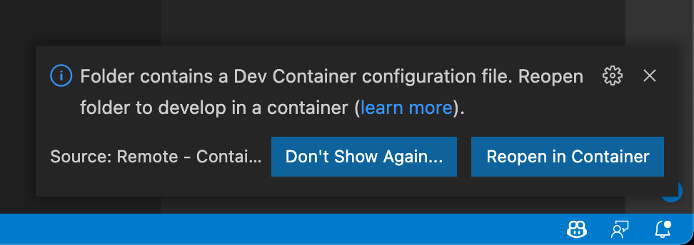 Image of VS Code popup asking to “Reopen in Container”