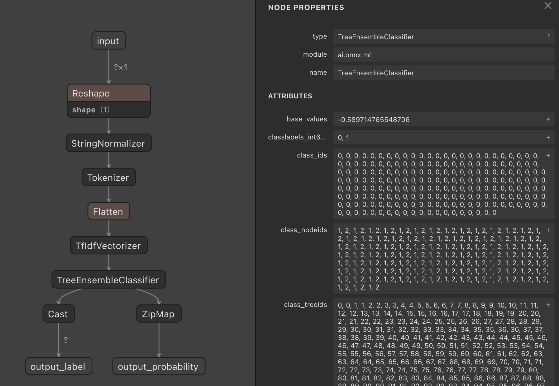 Image of the exported spam filter visualised in Netron